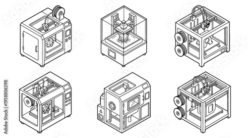 3d printer industrial , 6 black line isometric 3d vector collection , white background , PNG and SVG isolate