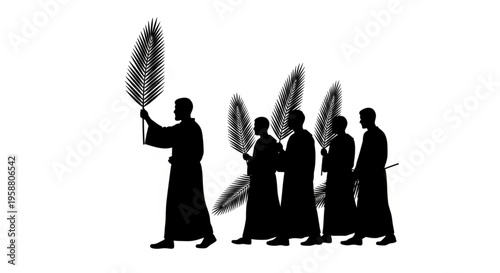 Group Silhouette of People in Robes Carrying Palm Leaves in a Religious Procession