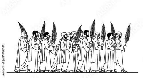 Group Silhouette of People in Robes Carrying Palm Leaves in a Religious Procession