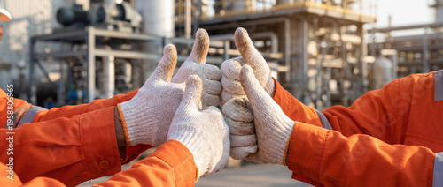 Industrial workers showing thumbs up for teamwork success