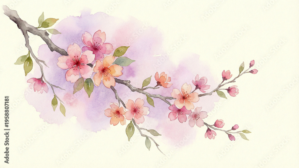 Naklejka premium Watercolor cherry blossom flowers in corner with purple wash on cream spring background