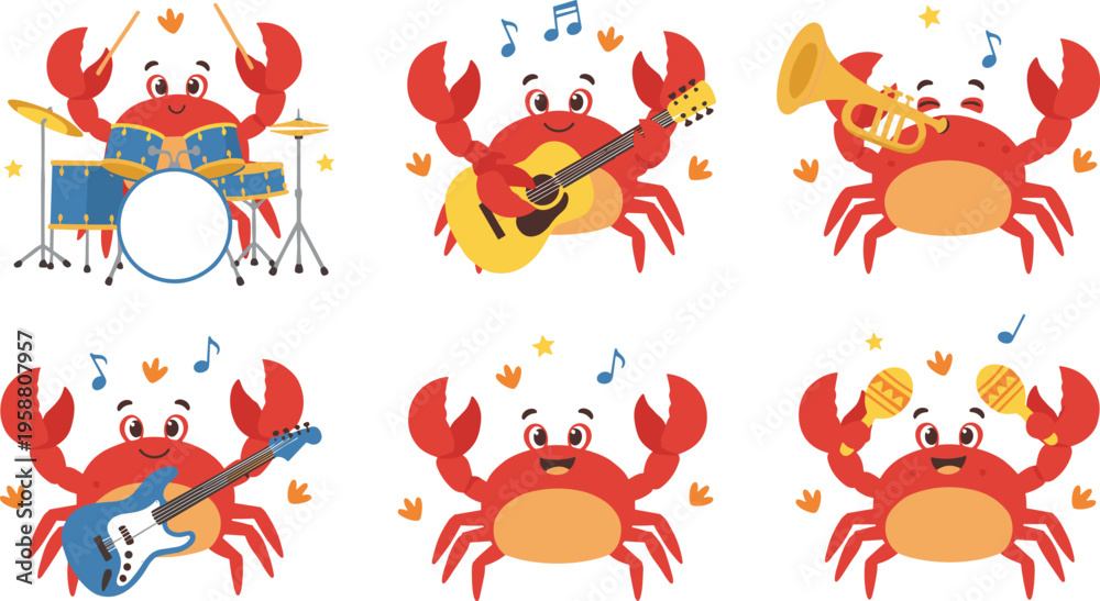 Fototapeta premium Colorful cartoon crabs playing musical instruments with joyful expressions, whimsical marine band illustration featuring fun decorative elements