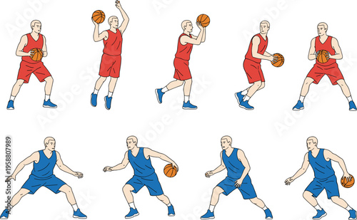 Colorful vector illustration of basketball players in action poses symbolizing sports, teamwork, and athletic competition