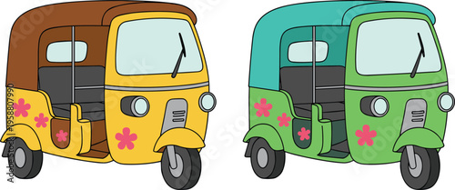 Colorful vector illustration of cartoon auto rickshaws symbolizing transportation, travel, and cultural lifestyle