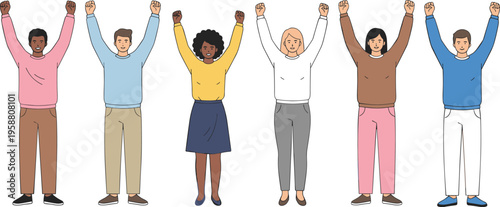 Colorful vector illustration of diverse cartoon people raising fists together symbolizing unity, empowerment, solidarity, protest, and collective celebration