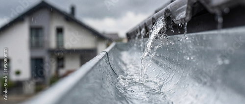 Rainwater flowing from roof gutter during heavy storm