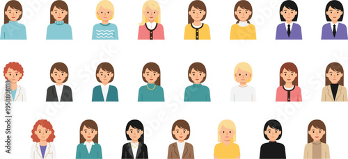 Colorful vector illustration of diverse female avatars with unique hairstyles and clothing representing casual and professional character diversity