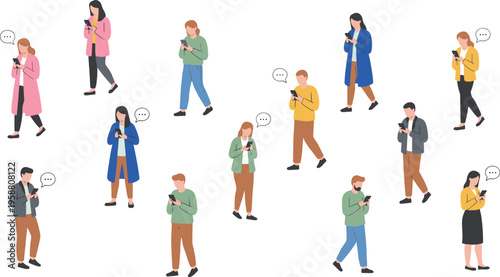 Colorful vector illustration of diverse people using smartphones symbolizing digital communication, technology dependence, and modern social interaction