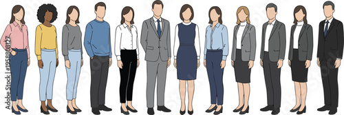 Colorful vector illustration of diverse professionals in casual and formal attire symbolizing workplace inclusion, teamwork, and corporate diversity