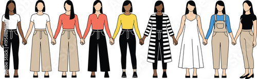 Colorful vector illustration of diverse women holding hands symbolizing unity, inclusivity, empowerment, friendship, and solidarity