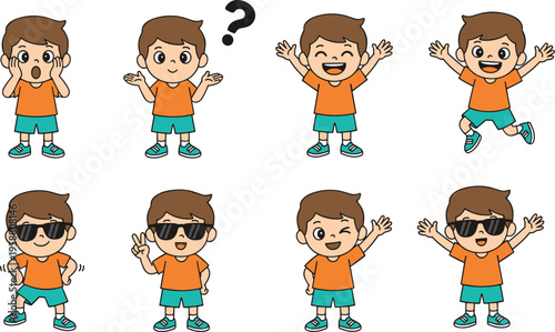 Colorful vector illustration of expressive cartoon boy in playful poses symbolizing emotions, fun, and children’s character design