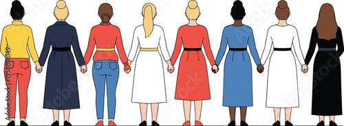 Colorful vector illustration of diverse women standing together holding hands from behind symbolizing unity, inclusivity, friendship, and solidarity