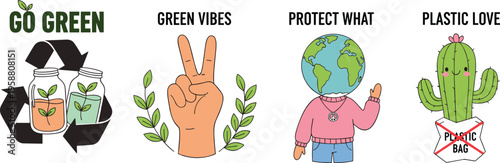 Colorful vector illustration of eco-friendly graphics with text promoting sustainability, recycling, green lifestyle, and environmental awareness