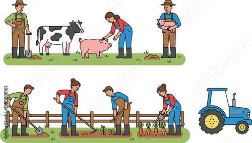 Colorful vector illustration of farmers with animals, gardening tasks, and tractor symbolizing agriculture, farming, and rural lifestyle