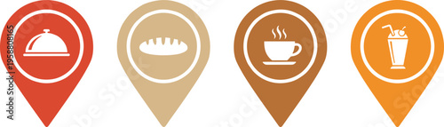 Colorful vector illustration of food location pins symbolizing restaurants, cafés, and dining services