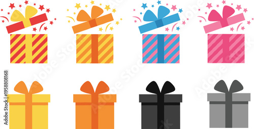 Colorful vector illustration of festive gift boxes open and closed symbolizing celebration, surprise, party decoration, and holiday presents