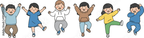 Colorful vector illustration of happy cartoon children jumping, smiling, and celebrating joyful childhood fun in playful casual clothing