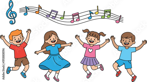 Colorful vector illustration of joyful cartoon children dancing under musical notes and treble clef celebrating fun music activities