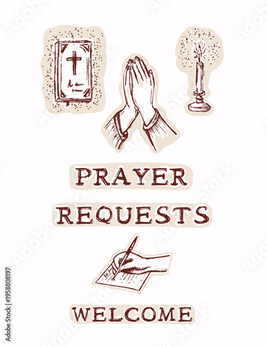 Prayer request hand drawn motif christian religious illustration. Flat isolated editale vector bundle set for church announcement, pilgrimage retreat or prayer for today sticker card
