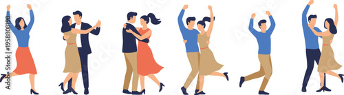 Colorful vector illustration of joyful people dancing in pairs and solo poses wearing semi-formal clothing celebrating rhythm and movement