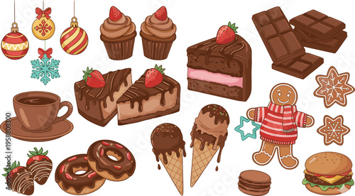Festive vector illustration of holiday desserts, chocolate treats, coffee, gingerbread cookies, and Christmas decorations for design projects