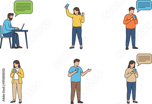Flat vector illustration of diverse people using smartphones and laptops with speech bubbles representing online chat communication