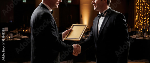Businessmen shaking hands receiving award at gala ceremony