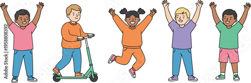 Joyful children playing, jumping, and riding scooter in colorful cartoon vector illustration showing fun childhood recreation activities