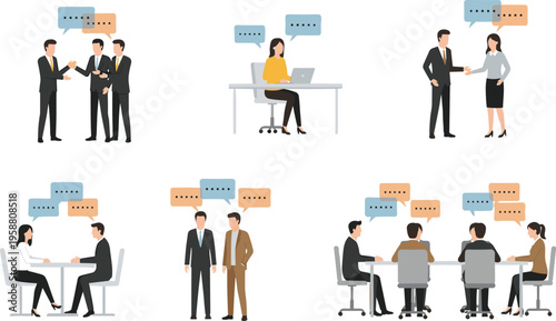 Vector illustration of professional business communication scenarios with people talking, meetings, speech bubbles, teamwork, collaboration, and workplace dialogue design