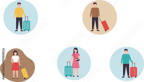 Vector illustration of diverse travelers with colorful suitcases, standing in abstract backgrounds, symbolizing tourism, journey, vacation, and modern lifestyle design