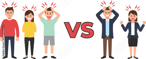 Vector illustration of two angry groups facing conflict with versus symbol, expressing frustration, emotions, confrontation, and competitive comparison design
