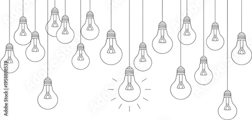 Vector illustration of multiple hanging light bulbs with one illuminated, symbolizing creativity, innovation, bright idea, inspiration, and problem-solving concept