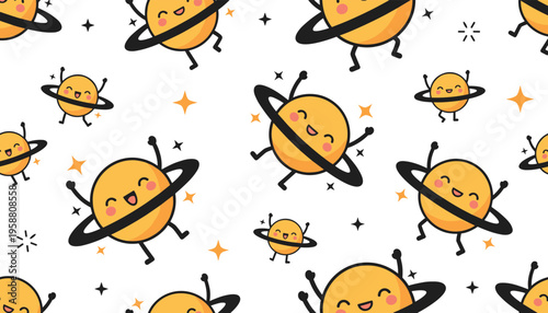 Whimsical cartoon planets with rings, smiling faces, arms, and legs in joyful seamless cosmic pattern on white background