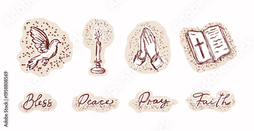 Hand drawn christian blessing icon set with praying hands, bible, candle and holy spirit dove. Isolated editable black and white vector sticker illustration set. 