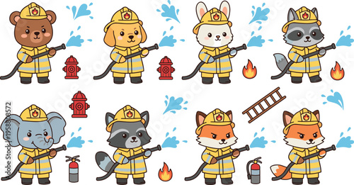 Cartoon animals dressed as firefighters with hoses, helmets, flames, hydrants, and safety icons in playful vector illustration