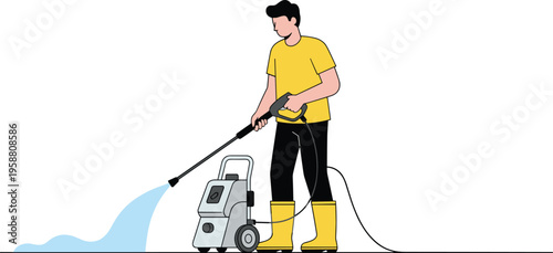 Worker using pressure washer machine with spray gun, water stream, and cleaning equipment in modern vector illustration of maintenance