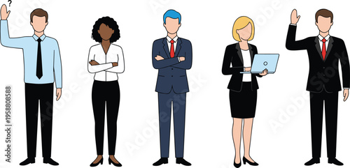 Business professionals in formal attire with laptop, gestures, and question mark showing workplace roles in vector illustration