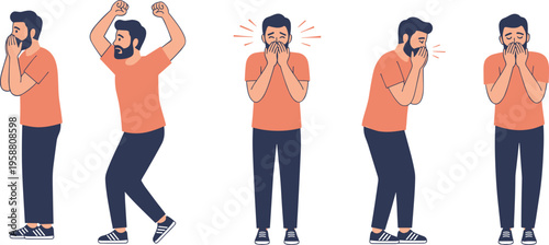 Cartoon male characters expressing emotions with surprised, excited, stressed, worried, and sad reactions in modern vector illustration