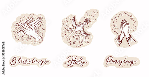 Hand drawn christian blessing icon set with praying hands, holy spirit dove. Isolated editable black and white vector sticker illustration set. Religious easter holy week church prayer card design