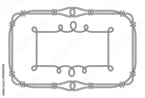Rope. Set of various decorative rope elements and frames. Frames, laces, knots, decorations. Nautical rope, decorative binding. Vintage background template with empty space for text. Vector 