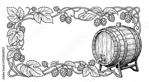 Detailed line art of beer barrel with hops and leaves border, classic engraving style, monochrome.