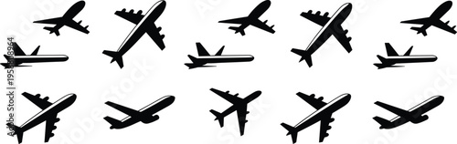 Airplane silhouette illustration, twelve diverse aircraft icons in varied orientations and sizes, aviation flight theme, vector art, black isolated bold design