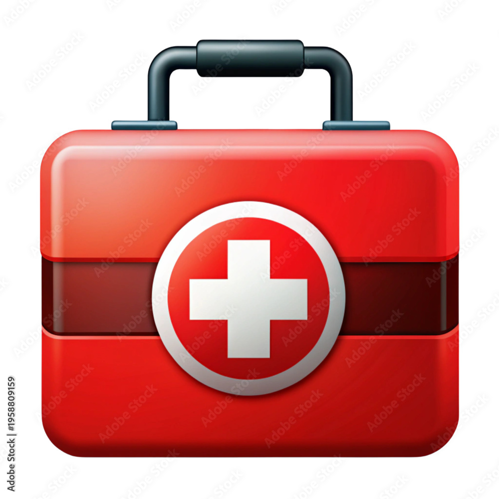 Fototapeta premium Red first aid kit box with a white medical cross symbol and a black handle for emergencies.