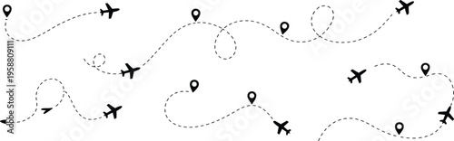 Airplane flight path silhouette illustration, stylized dashed lines with location markers and aircraft icons, aviation travel theme, vector art, black isolated bold design