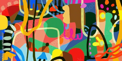 Vibrant Abstract Pop Art Illustration with Geometric Shapes and Half-tone Pattern, Colorful Modern Background.