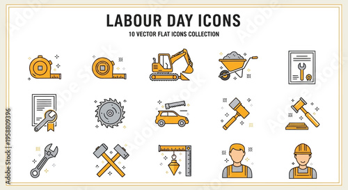 A vector illustration showcases Labour Day icons on a white background including various industrial and construction tools