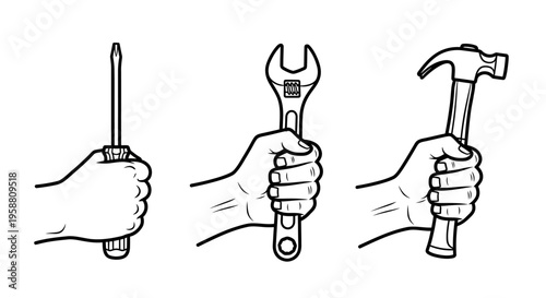 Three hands tightly gripping a screwdriver, wrench, and hammer respectively.