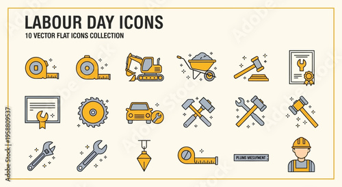 Labour Day icons collection featuring vector flat illustrations of tools and machinery