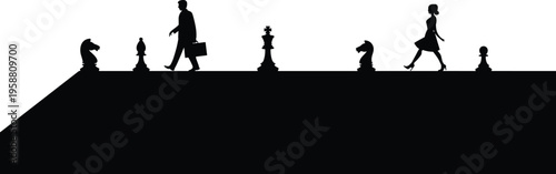 Chess silhouette illustration, symbolic icons combining human figures with chess pieces including king, knight, and pawns, strategy life theme, vector art, black isolated bold design