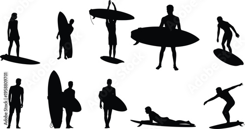 Black and white silhouette illustration of surfers with boards in dynamic poses, standing, carrying, and riding waves, symbolizing surfing culture, adventure, and ocean lifestyle.